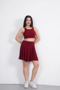 Sendy Kumaş Bisiklet Yaka Crop Şortlu Etek Ikili Takım - Bordo resmi